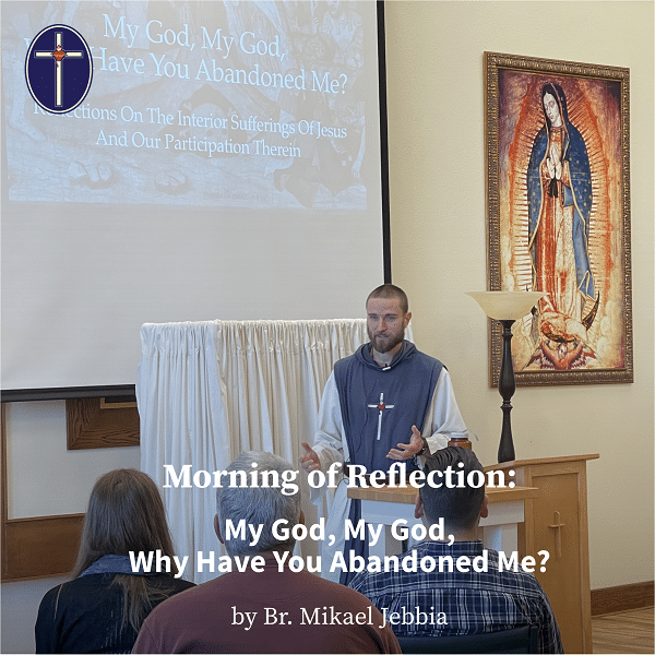 This talk covers reflections on the interior sufferings of Jesus and our participation therein. It references the experiences of St. Mother Teresa, St. Alphonsus, St. Therese and St. John of the Cross.